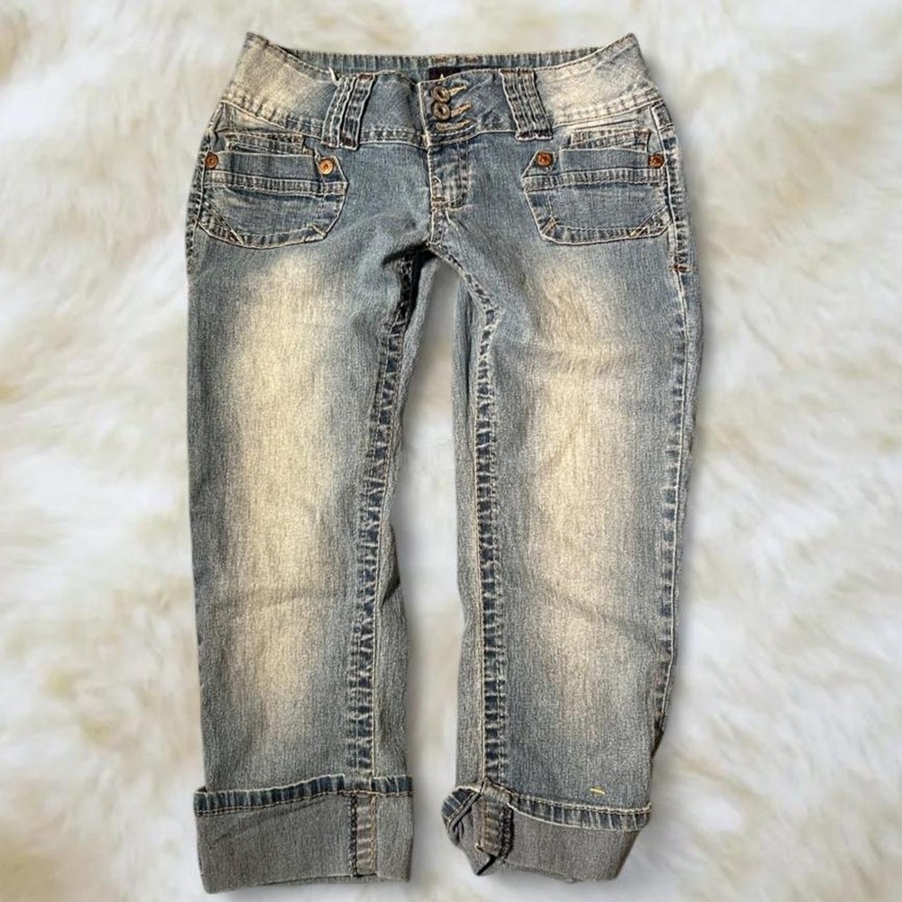Angels Jeans Y2K Cuffed Denim Capri Jeans Light Wash Low Rise Size 7 2000s